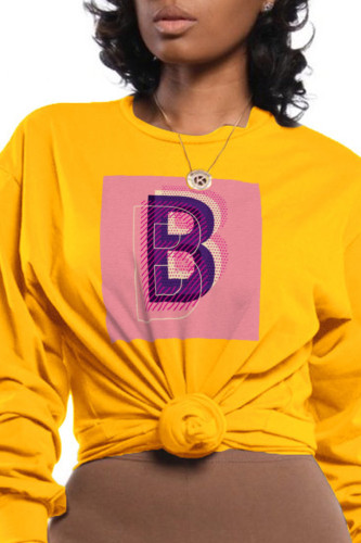 Yellow Casual Simplicity Print Patchwork O Neck Tops