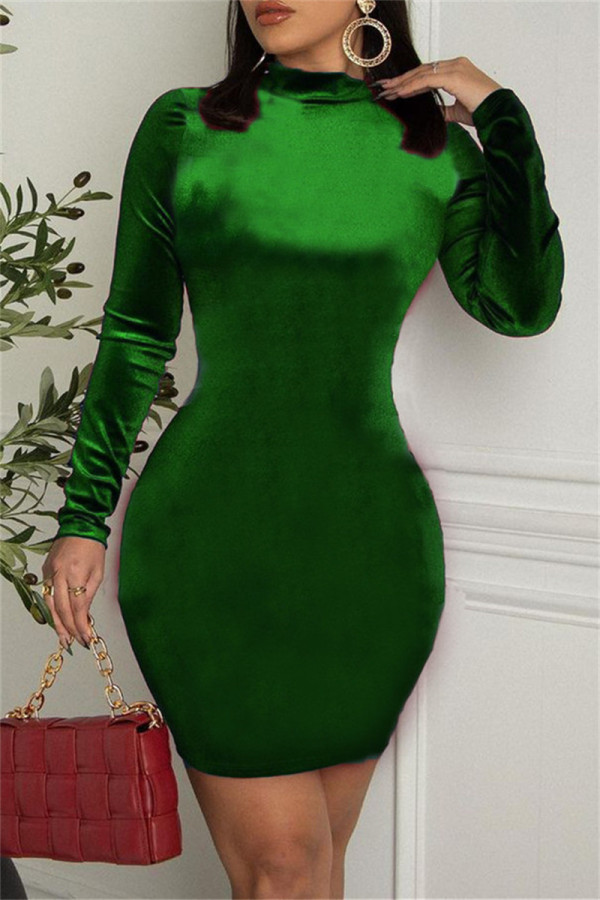 Vert Mode Sexy Solide De Base Demi Un Col Roulé À Manches Longues Robes
