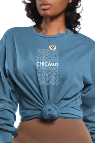 Blue Fashion Daily Print Letter O Neck Tops