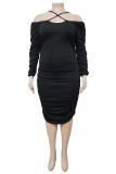 Black Fashion Sexy Solid Backless Fold Off the Shoulder Long Sleeve Plus Size Dresses