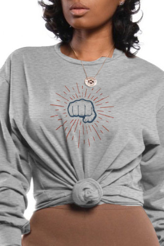 Grey Fashion Street Patchwork Patchwork O Neck Tops