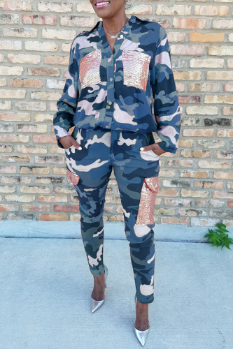 Blue Fashion Casual Camouflage Print Patchwork Turndown Collar Long Sleeve Two Pieces
