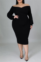 Black Fashion Casual Solid Patchwork Off the Shoulder Long Sleeve Plus Size Dresses