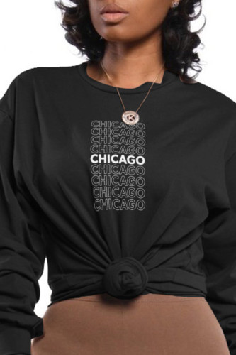 Black Fashion Daily Print Letter O Neck Tops
