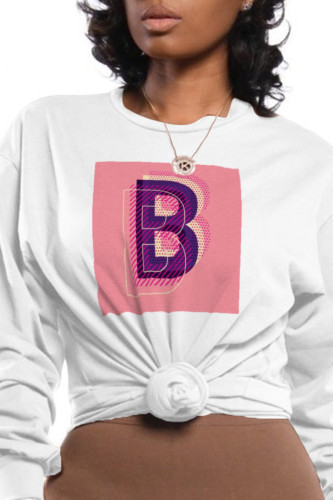 White Casual Simplicity Print Patchwork O Neck Tops
