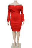 Red Fashion Casual Solid Patchwork Off the Shoulder Long Sleeve Plus Size Dresses