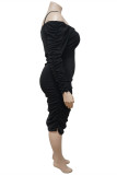 ブラックファッションセクシーなソリッドバックレスは、肩の長袖プラスサイズのドレスを折りたたむ