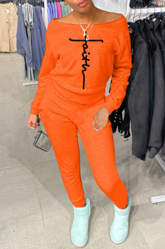 Orange Casual Letter Print Patchwork Off the Shoulder Long Sleeve Two Pieces