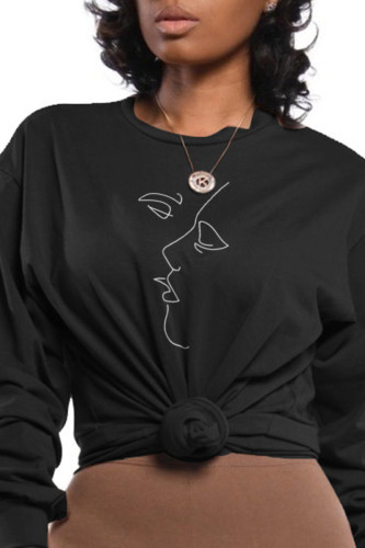 Black Fashion Casual Print Patchwork O Neck Tops