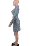 Blauwe mode sexy patchwork uitgeholde pailletten halve coltrui jurken met lange mouwen
