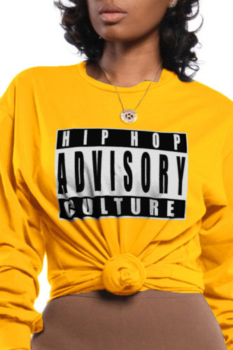 Yellow Casual Vintage Print Letter O Neck Tops