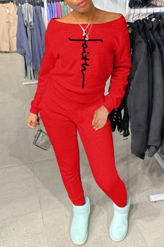 Red Casual Letter Print Patchwork Off the Shoulder Long Sleeve Two Pieces