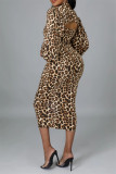 Estampa de leopardo moda sexy estampa de leopardo vazada gola alta manga longa duas peças