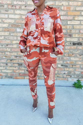 Tangerine Red Fashion Casual Camouflage Print Patchwork Turndown Collar Long Sleeve Two Pieces