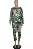 Green Fashion Casual Camouflage Print Patchwork Turndown Collar Long Sleeve Two Pieces