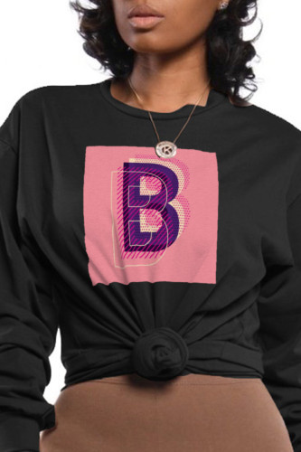 Black Casual Simplicity Print Patchwork O Neck Tops