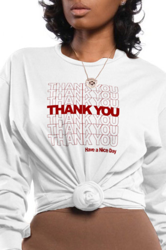 White Fashion Casual Print Letter O Neck Tops