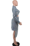 ブルーファッションセクシーなパッチワークくり抜かれたスパンコールハーフタートルネック長袖ドレス