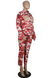 Tangerine Red Fashion Casual Camouflage Print Patchwork Turndown Collar Long Sleeve Two Pieces