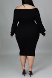 ブラック ファッション カジュアル ソリッド パッチワーク オフショルダー ロングスリーブ プラスサイズ ドレス