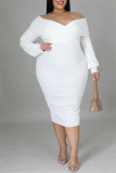 White Fashion Casual Solid Patchwork Off the Shoulder Long Sleeve Plus Size Dresses