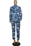 Blue Fashion Casual Camouflage Print Patchwork Turndown Collar Long Sleeve Two Pieces