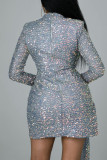 Blue Fashion Sexy Patchwork Hollowed Out Sequins Half A Turtleneck Long Sleeve Dresses
