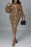 Estampa de leopardo moda sexy estampa de leopardo vazada gola alta manga longa duas peças