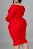 Red Fashion Casual Solid Patchwork Off the Shoulder Long Sleeve Plus Size Dresses