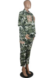 Green Fashion Casual Camouflage Print Patchwork Turndown Collar Long Sleeve Two Pieces