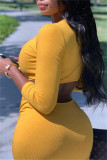Желтые модные сексуальные сплошные выдолбленные платья с V-образным вырезом и длинным рукавом
