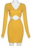 Yellow Fashion Sexy Solid Hollowed Out V Neck Long Sleeve Dresses