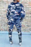 Bleu mode décontracté imprimé Camouflage Patchwork col rabattu manches longues deux pièces