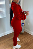 Красный модный повседневный сплошной складной воротник с капюшоном с длинным рукавом из двух частей