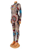 Multicolor Fashion Sexy Print See-through Turtleneck Skinny Jumpsuits
