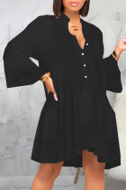 ブラック カジュアル ソリッド パッチワーク ターンダウン カラー ケーキ スカート ドレス