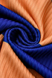 Azul casual estampa listrada patchwork decote oco manga longa duas peças