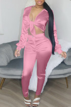 ピンクファッションカジュアルソリッド包帯Vネック長袖ツーピース