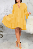 Желтые повседневные однотонные лоскутные платья с отложным воротником и юбкой-тортом