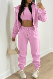 Pink Fashion Casual Solid Cardigan Westen Hosen O-Ausschnitt Langarm Dreiteiliges Set