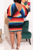 Vestidos multicoloridos moda casual estampa com cinto decote em v manga longa plus size