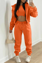 Orange Mode Casual Solid Cardigan Västar Byxor O Neck Långärmad Tredelad Set