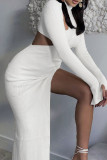White Fashion Sexy Solid Hollowed Out Slit Turtleneck Long Sleeve Dresses