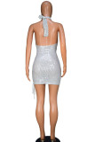 White Sexy Patchwork Bandage Hollowed Out Sequins Backless Halter Sleeveless Dress