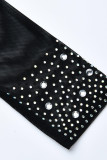 Mode noire Sexy Patchwork Hot Drilling Robes à manches longues à col roulé transparent