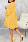 Желтые повседневные однотонные лоскутные платья с отложным воротником и юбкой-тортом