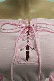 Розовые однотонные брюки-карандаш с длинными рукавами и высокой посадкой на шнуровке