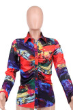 Red Casual Print Patchwork Buckle Turndown Collar Tops
