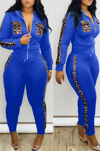 Blue Sexy adult Fashion Patchwork Zippered Leopard Print Two Piece Suits pencil Long Sleeve