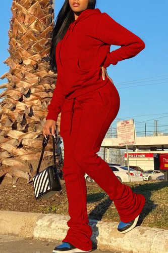 Red Casual Solid Patchwork Fold Hooded Collar Long Sleeve Two Pieces